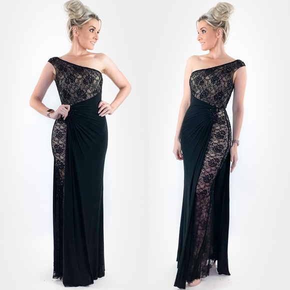 Black Lace Over Nude Evening Gown - Picture 2 of 8